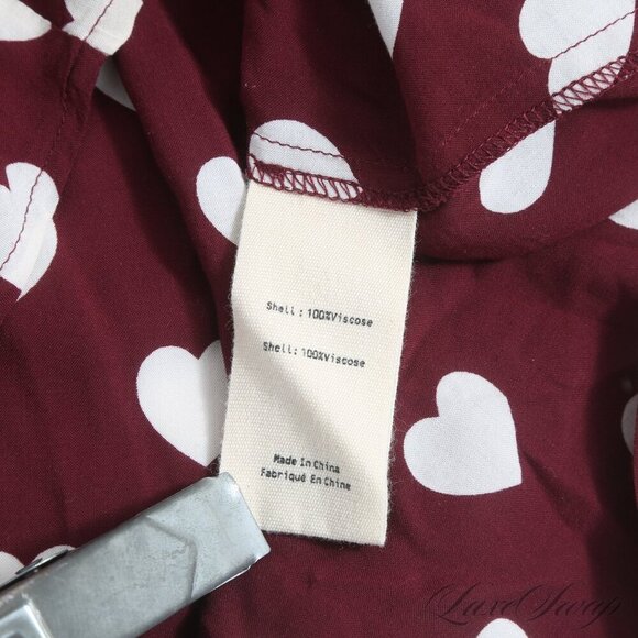 L'AGENCE Small Holly Heart Printed Button Up Blouse Spread Collar Burgundy Ivory - Picture 8 of 8